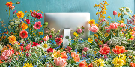 Working Amidst Spring Blooms: Computer Surrounded by Multicolored Flowers Against Blue Background
