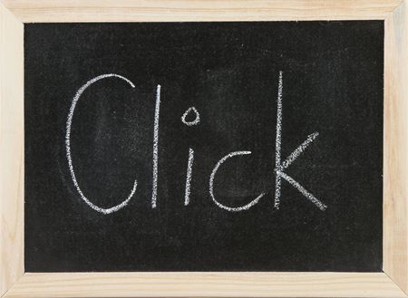 Black chalk board with wooden framed surround with the word Click.の写真素材