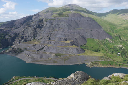 A view looking down to Llyn Peris and the expance of the Dinorwic slate quarry workings on the flank...