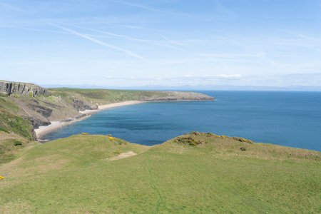 View of Porth Ceiriad Beach on the Lleyn Peninsular, Wales, UKの写真素材
