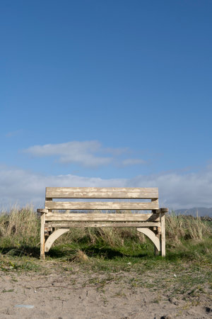 Wooden bench on green grass against a blue sky.の写真素材