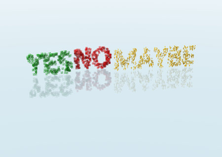 Three Dimensional word yes, no and maybe made from a set and question marks