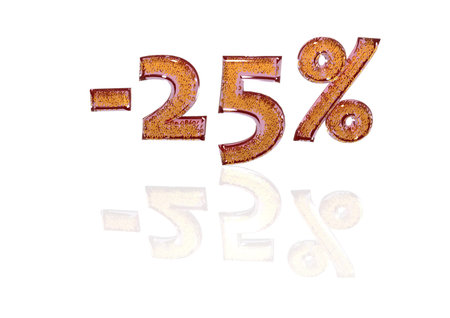 Transparent inscription minus 25 percent with a set of gold signs of percent in it