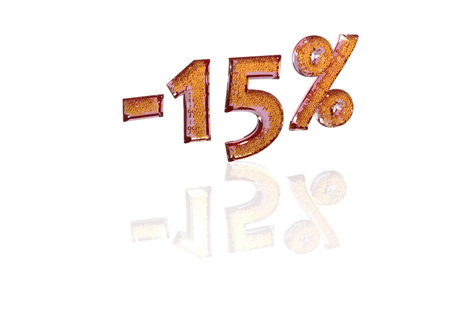 Transparent inscription minus 15 percent with a set of gold signs of percent in it