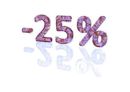 Transparent inscription minus 25 percent with a set of gold signs of percent in itの写真素材