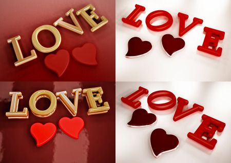 Set of pictures dimensional inscription of LOVE and heart near it.の写真素材