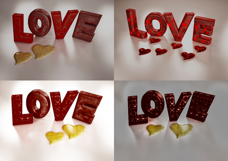 Set of pictures dimensional inscription of LOVE and heart near it.の写真素材