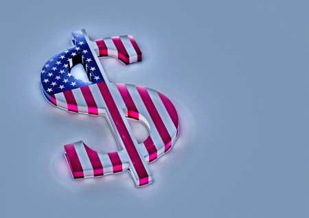 Dimensional sign of the American dollar in color national flag of USA. 3D render.の写真素材