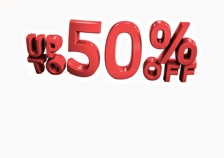 Up to 50 percent off in red letters on a white background. 3d rendering.