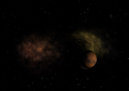 Far being shone nebula and star field against space.