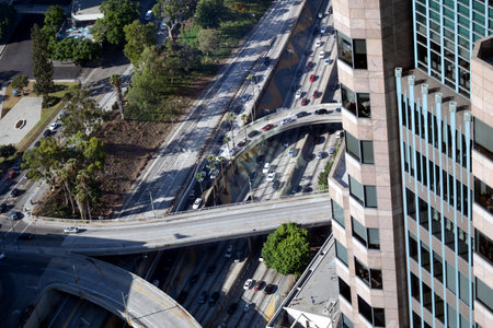 The 110 freeway as seen from atop a skyscraper in downtown Los Angeles.
