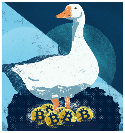 Goose that lays the golden Bitcoin. Goose standing over her Bitcoins. Bitcoins profits.の写真素材