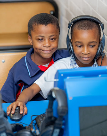 Johannesburg, South Africa, February 14, 2018: Kids looking at computer screen and learning about...