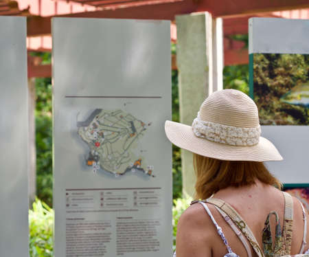 A young woman is standing in front of a sign and looking at a mapの写真素材