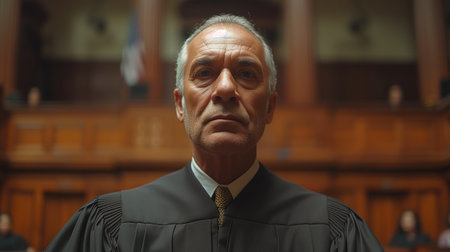 A man in formal wear, including a judges robe and tie, stands in a courtroom. His collar is crisp and there are no wrinkles in his attireの素材