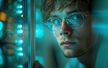 A cool young man with jawdropping eyewear and azure goggles is having fun looking out of a window. His electric blue glasses perfectly match his aqua shirtの素材