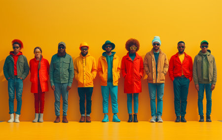 a group of people are standing next to each other in front of a yellow wall . High qualityの素材