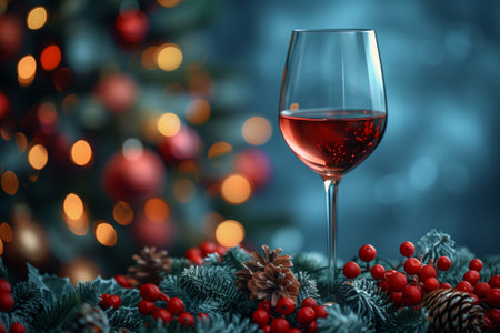 A wine glass filled with liquid is elegantly placed on a table in front of a festive Christmas tree, surrounded by barware and drinkwareの素材