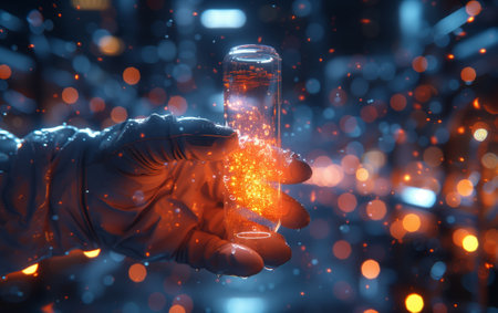 The person is holding a test tube filled with an electric blue glowing liquid. The macro photography captures the intense color contrast against the darkness, resembling a magical event in the nightの素材