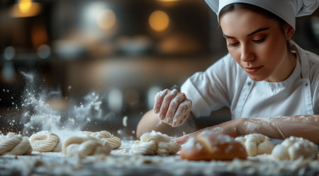 A female chef wearing a cap is preparing food by kneading dough on a table, showcasing her culinary skills at a cooking eventの素材