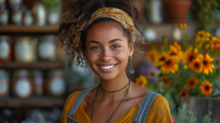 A woman with long hair is happily smiling in front of a shelf of flowers at the flower shop, wearing a fun hatの素材