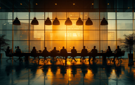A group is gathered in a conference room with a long table. The event features water, sports equipment, and entertainment in the cityの素材