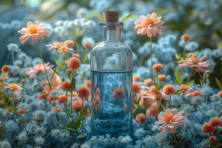 A glass bottle sits among vibrant flowers in a picturesque field, creating a stunning landscape of plants and petalsの素材