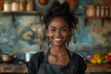 A woman with black hair and an apron is happily smiling in an electric blue kitchen. The fun atmosphere and flash photography create a beautiful portraitの素材