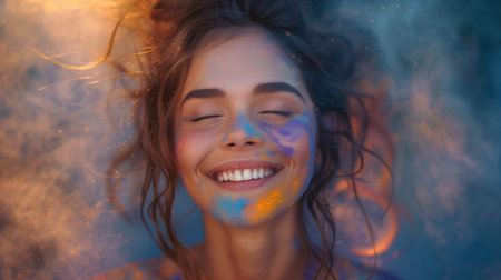 A woman exudes happiness with her eyes closed and paint on her face, showcasing a big smile that highlights her cheek, chin, and jawlineの素材