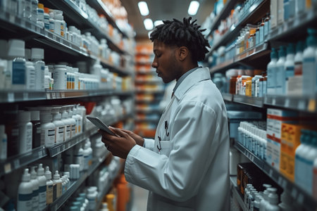 A customer in a retail pharmacy is examining a tablet on a shelf in the building, searching for an overthecounter medicationの素材