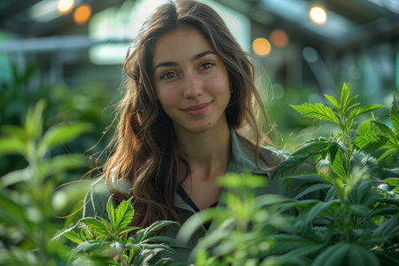 A happy woman standing among terrestrial plants in a greenhouse, surrounded by shrubs, grass, and trees, with a smile on her faceの素材