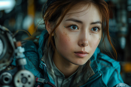 A close up of a woman with black hair and electric blue jacket, looking directly at the camera with a smile on her lips. Her nose, eyebrow, mouth, eyelash, and jawline create a cool and fun vibeの素材