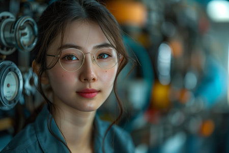 A close up of a woman with black hair wearing glasses, focusing on her nose, chin, eyebrows, eyelashes, and jaw. Flash photography highlights her vision care and eyewearの素材