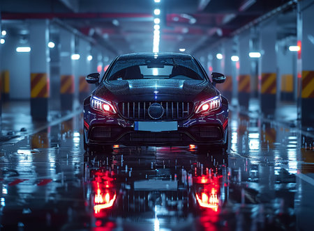 A vehicle is parked in a parking garage at night, with its automotive lights shining. The cars sleek automotive design is highlighted by the dark surroundingsの素材