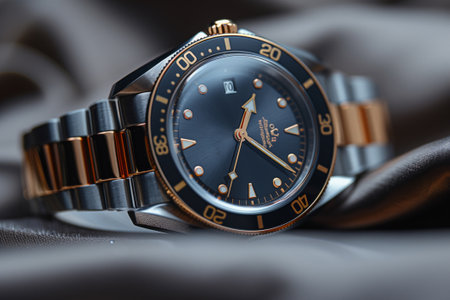 A sleek silver and gold analog watch with a black face is displayed on a cloth. The watch features electric blue font and a nickel strap, making it an elegant everyday carry accessoryの素材
