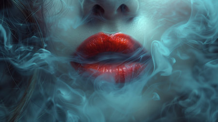 A fictional character with red lips, eyelash fluttering, and a happy smile, is surrounded by smoke in a CG artwork. Her jaw drops in awe, a gesture of entertainment and art in performing artsの素材