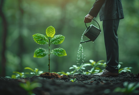 A gentleman in formal attire is tending to a terrestrial plant with a watering can in a natural landscape. The green plant is surrounded by grass, soil, and trees in the backgroundの素材