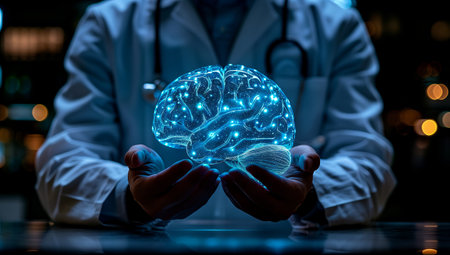 The doctor is sitting with a glowing brain in his hands. The electric blue light illuminates the intricate patterns of symmetry on the brain, resembling a piece of artの素材