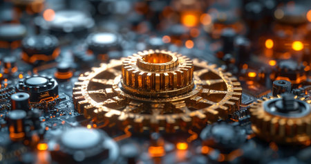 A detailed shot of several metal gears arranged in a circle on a surface, resembling an intricate art piece in a city event showcasing industrial designの素材