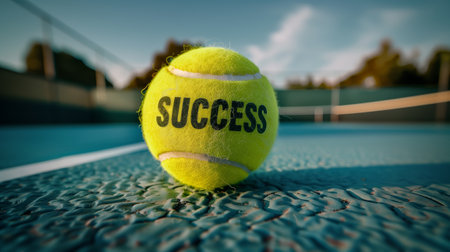 A tennis ball with the word success written on it sits on the grass court under the blue sky with fluffy clouds. The sports equipment stands out against the natural world backdropの素材