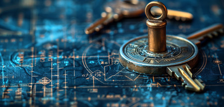 A close up shot of a metallic lock with keys on an electric blue background. The intricate pattern of screws in a circular design adds an engineering feel to the imageの素材
