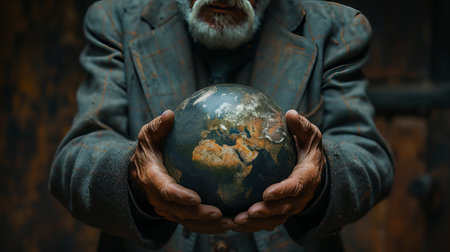 A bearded mans hands cradle a globe, showcasing a powerful gesture of connection with the world. His sleeves gently touch the ball, creating an artistic and natural compositionの素材