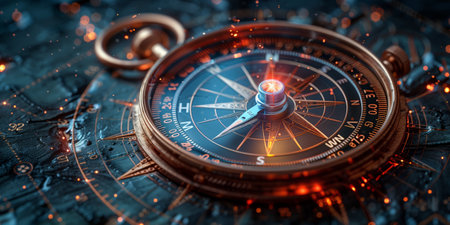 A close up of an electric blue compass, resembling a clock, on a dark background. The circle design gives a spacethemed vibe, making it a fashionable accessory or jewellery for any eventの素材