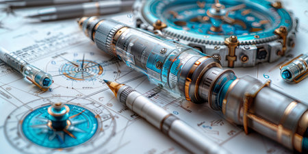 Aquacolored compass and electric blue pen rest on a sheet of paper, ready to create art or engineering sketches. The metal accessories can inspire jewelry or font designsの素材