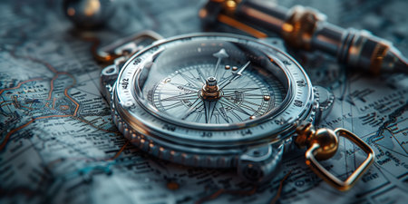An antique compass rests on a vintage map, surrounded by other items like a gas clock, metal auto part, nickel jewellery, and fashion accessories made from natural materialsの素材