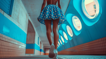 A human body with legs clad in an azure skirt strolls down the hallway. The flowing fabric sways with each step, creating an artistic sense of leisure and entertainmentの素材