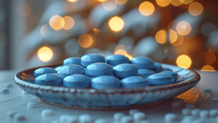 A circle of electric blue pills on a dishware in a closeup shot with Christmas lights in the background, resembling a piece of unique jewellery in a macro photography compositionの素材