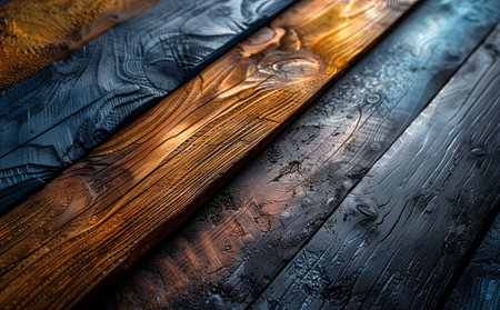 Foto de A close up of a colorful stack of hardwood planks, each stained with a different wood stain and varnished. The boards can be used for flooring, tables, or automotive exteriors - Imagen libre de derechos