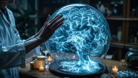 A person is gently touching a glass ball containing a brain, immersed in electric blue water. The scene represents the intricate connection between the human body, brain, and the world of scienceの素材