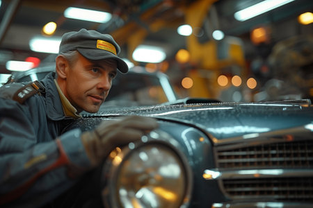 A man is fixing a vehicle in a garage. He is working on the cars hood, automotive lighting, grille, headlamp, and exterior designの素材